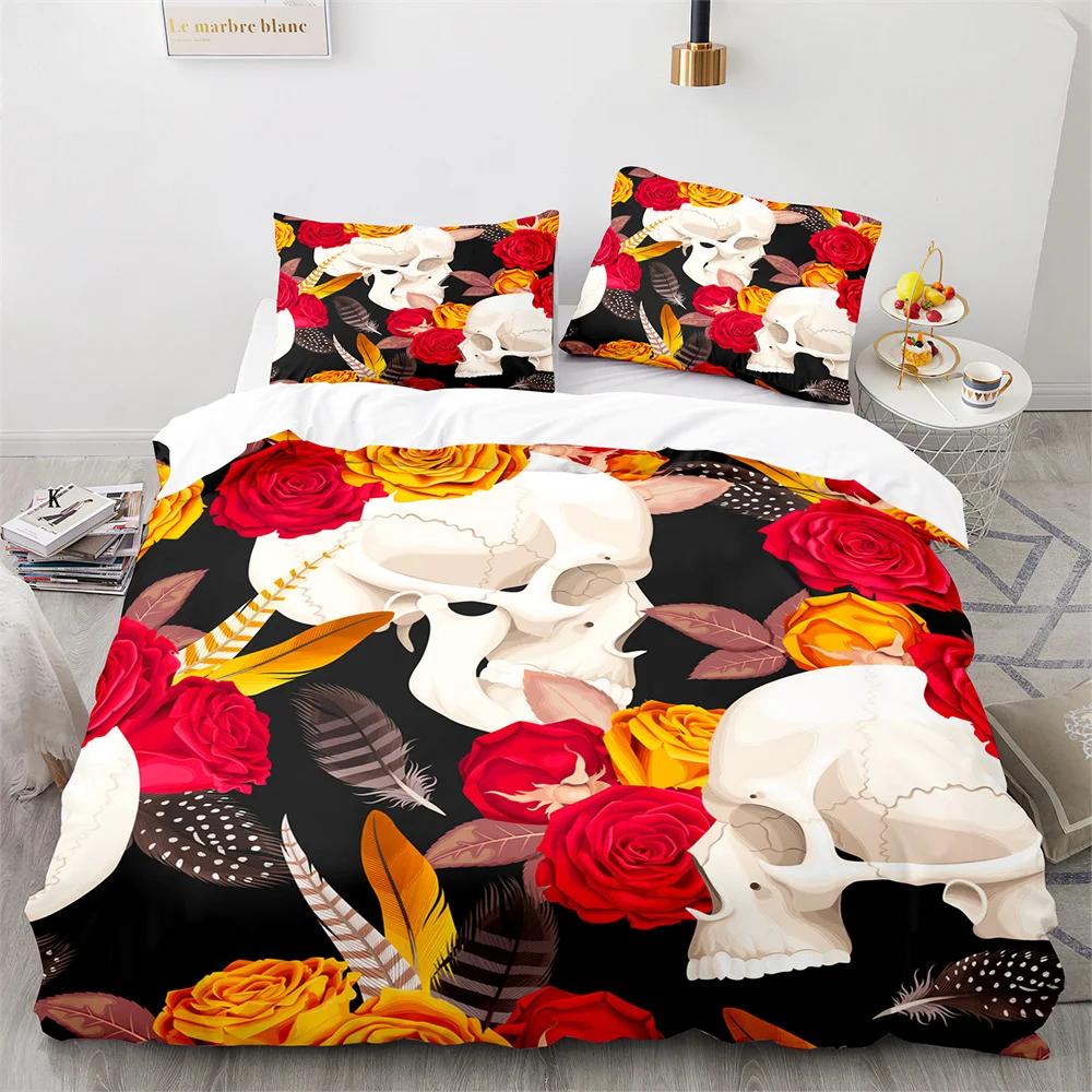 Sugar Skull King Queen Duvet Cover Gothic Skeleton Bones Floral Bedding Set Day Of The Dead Theme 2/3Pcs Polyester Quilt Cover