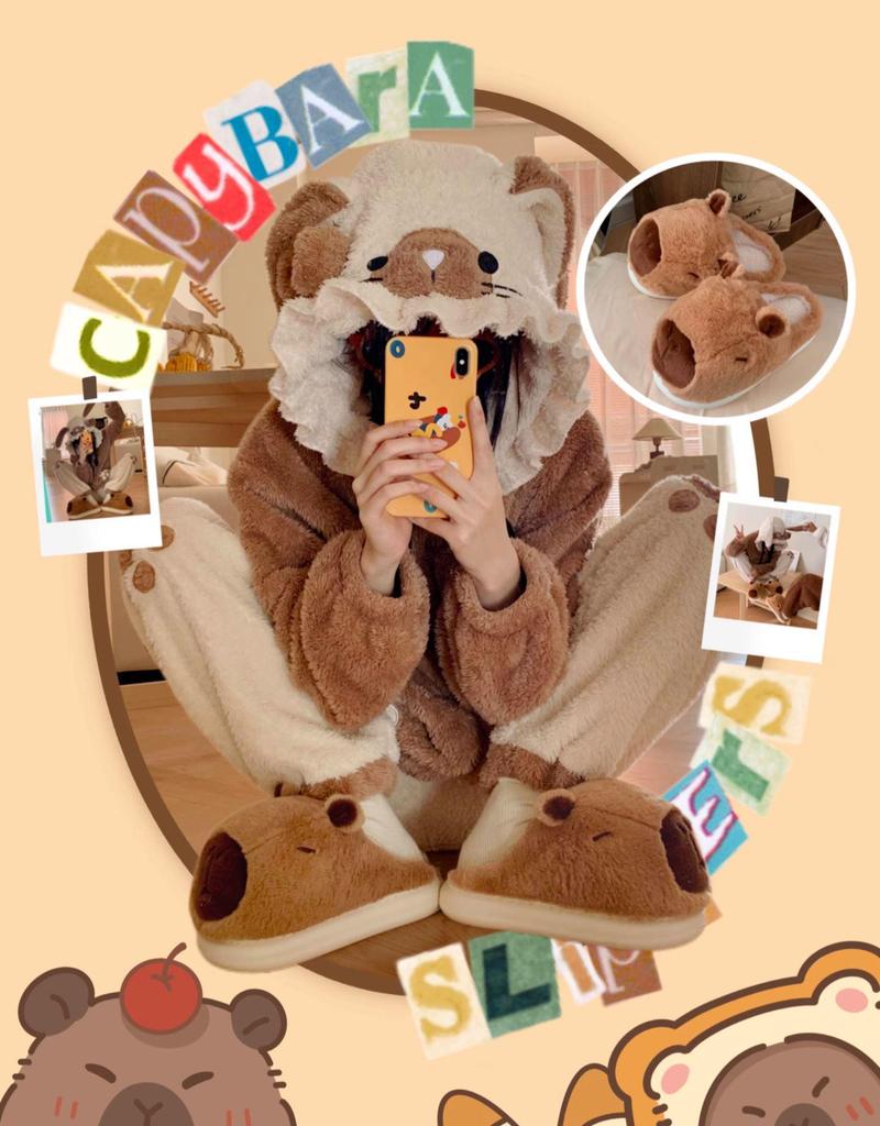 Women's Cute Cartoon Capybara Cotton Slippers - Warm Winter Plush Home Wear