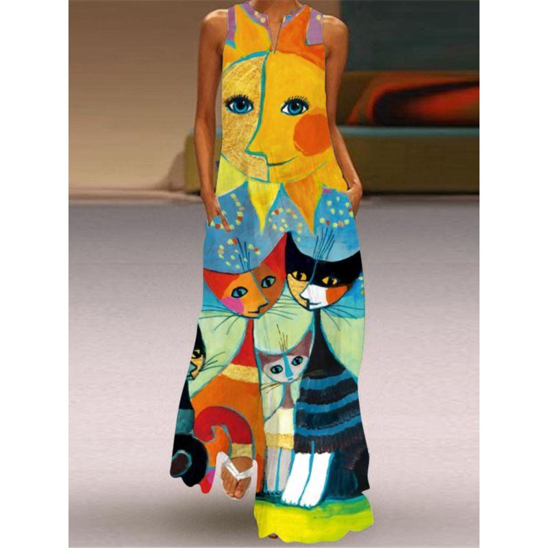 2025 Summer Chiffon Pullover Type A Street A- line Skirt V-neck Dress Fashion Mid Waist Sexy Sleeveless Dress