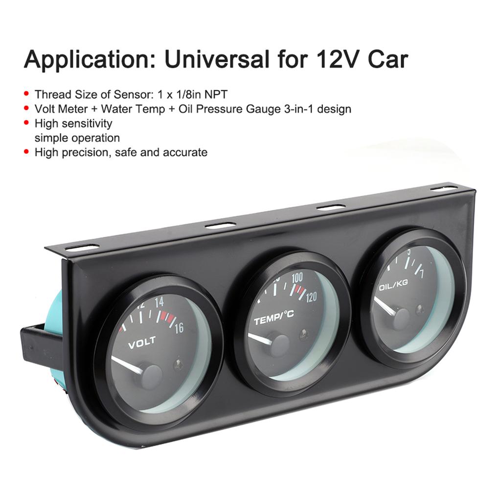 1 8in NPT 52mm 2in 3‑In‑1 Car Meter 8‑16V Voltmeter 40‑120 celsius  Water Temp Meter 0‑7kg Oil Pressure Gauge Kit