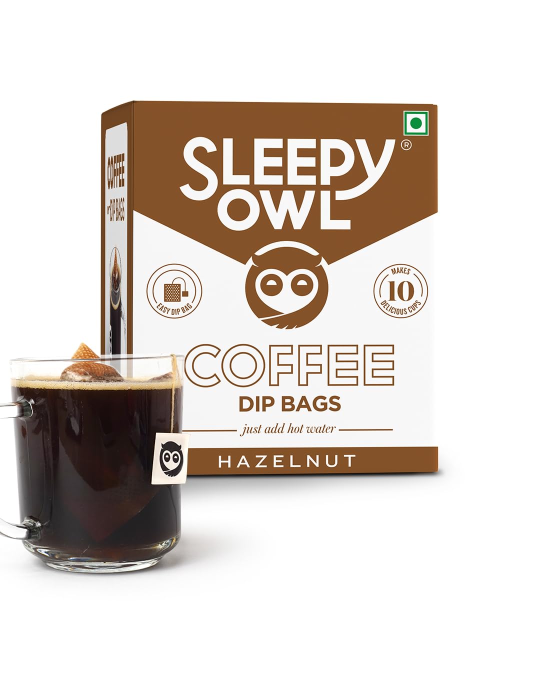 Sleepy Owl Hazelnut Ground Coffee Dip Bags | 10 Bags - Makes 10 Cups | Hot Brew - Have it as Black Coffee or with Milk | 5 Min Brew - No Equipmen