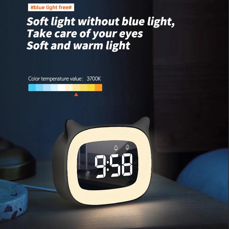 Night Light Music Alarm Clock Cartoon Voice Control Table Clock LED Digital Clock USB Rechargable Home Decoration