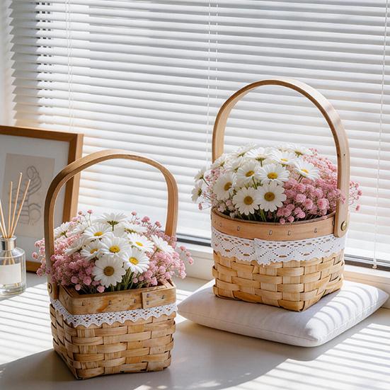 Flower Basket, with Lace Decor, Hand-Woven Wicker Rattan Flower Basket, Wood Portable Floral Gift Basket