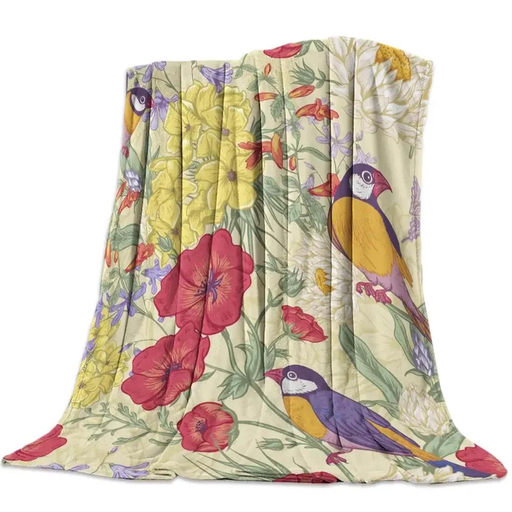 Flannel Blanket for Bed Garden Vintage Flower Bird Butterfly Throw Blanket Portable Soft Blanket Warm Sofa Bed Sheets King Size