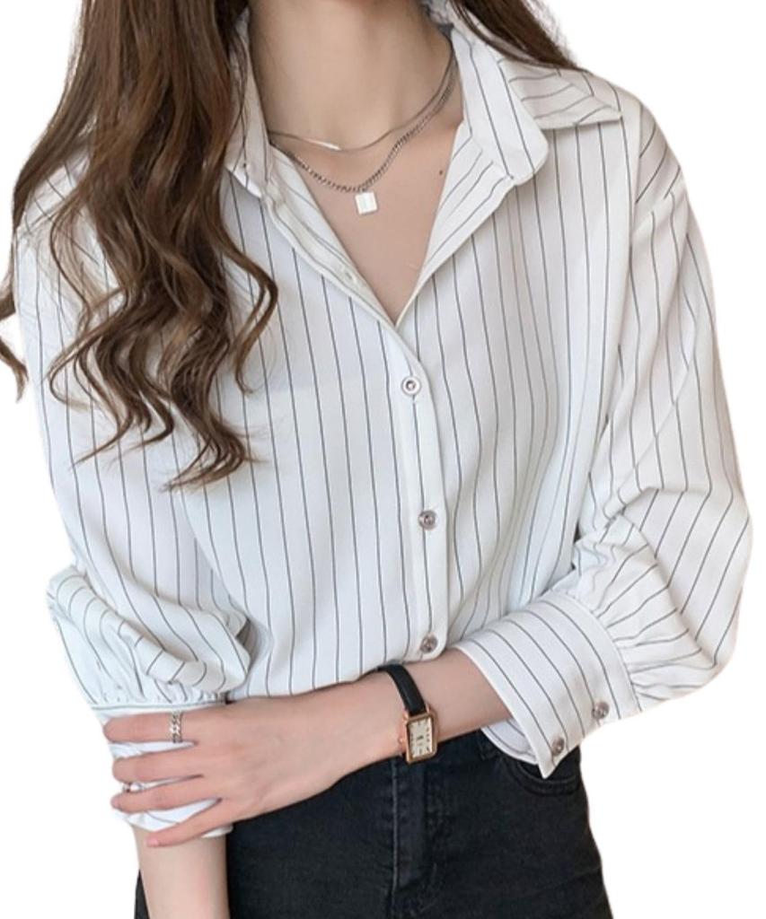Pangenee Beautiful Striped Blouse with Office Top for and Fall 3/4 Sleeves, Soft, Slimming, Elegant, Women, Spring, Summer, (Size L, White)
