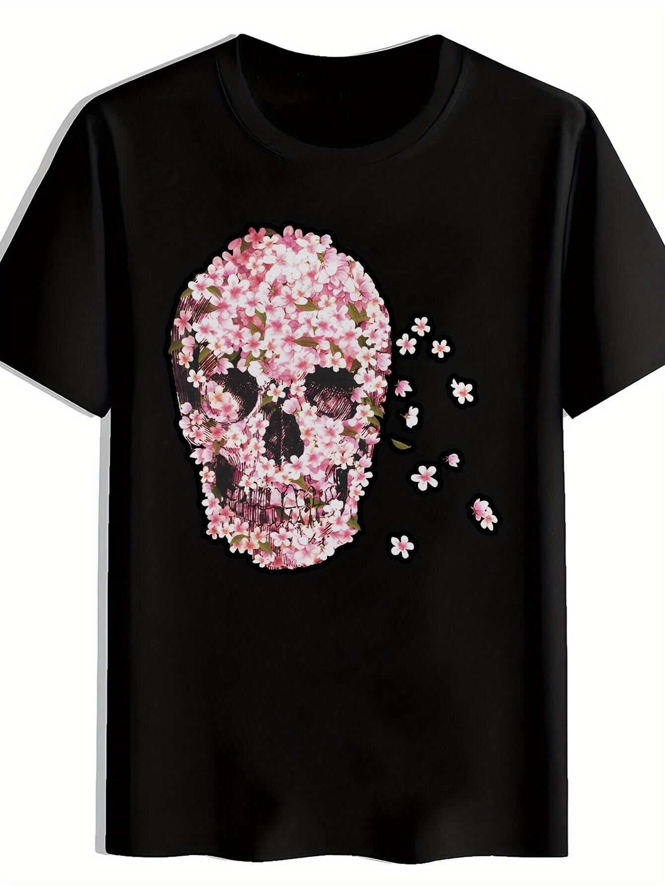 Graphic T-shirt - Black Crew Neck Casual Shirt with Pink Print Skull XXL
