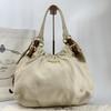 Vitello Daino Tote Handbag Hobo One Shoulder Leather Ivory White Brown Front Metal Logo Gold Hardware