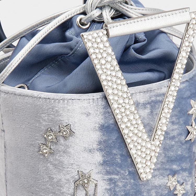 Roger Vivier RV Strass Constellation Letter Handle Rhinestone Decor Velvet Bucket Bag Mini Women bags Light-Blue RBWANNKN100QEG4640