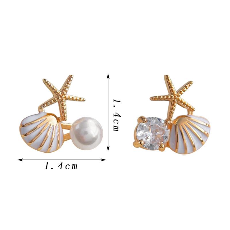 Cute Small Starfish Shell Stud Earrings for Women Asymmetric Rhinestones Imiation Zircon Charms Earrings Trendy Sweet Zircon