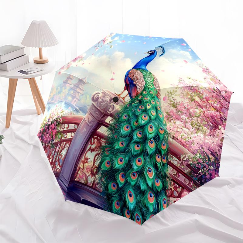 1 PC Automatic Folding Umbrella - Peacock Garden Pattern, Portable & Foldable Design with 8 Ribs, Christmas Birthday Gifts