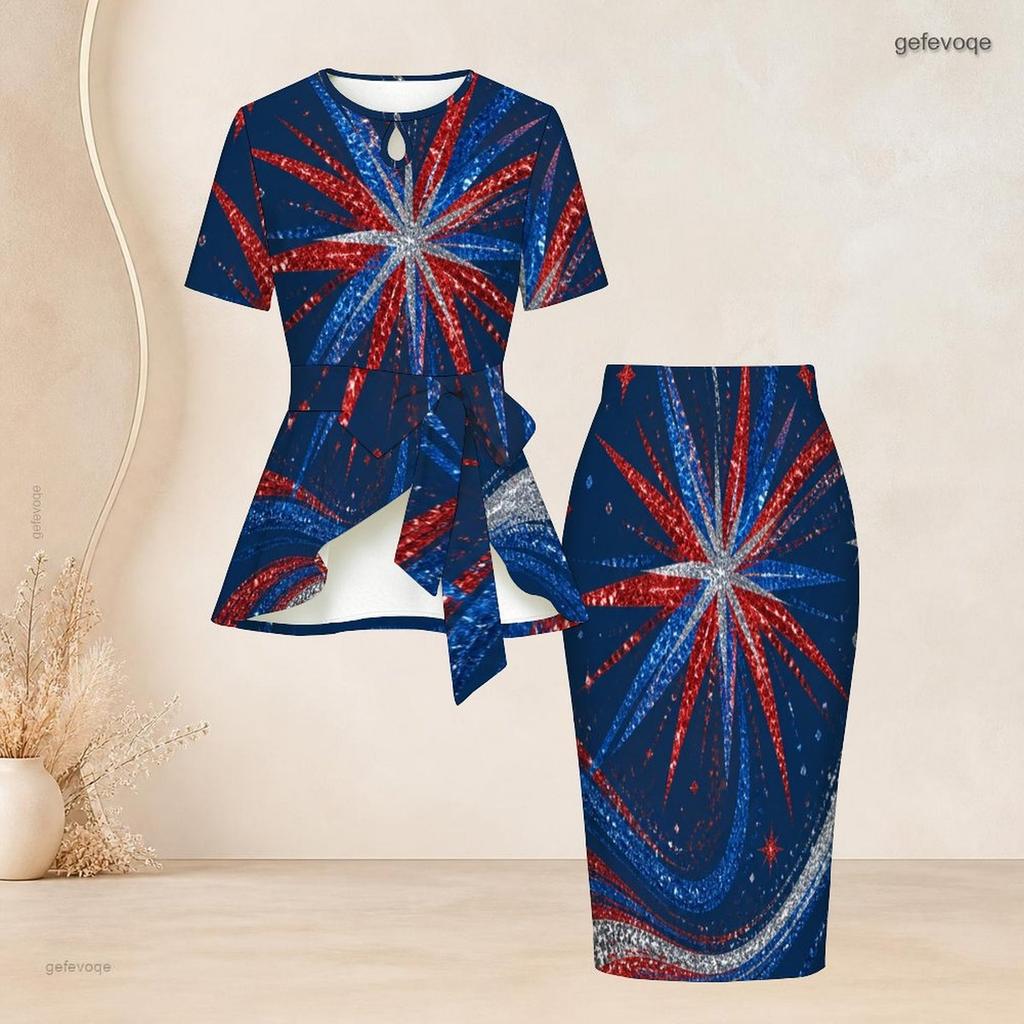 Women Plus Size Two Piece Skirt Set Round Neck Short Sleeve Printed Tie Waist Top Fitted Skirt Red White Blue