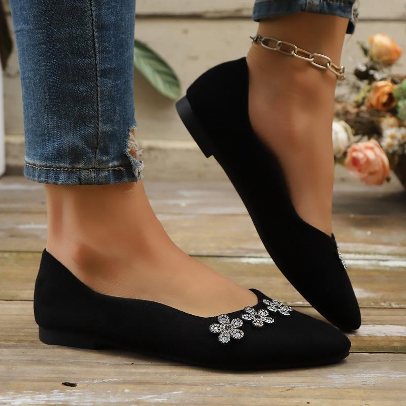 Plus Size Flats Fall New Pointed Toe Shallow Mouth Suede Rhinestone Flower Soft Sole Non-Slip Wear-Resistant Single
