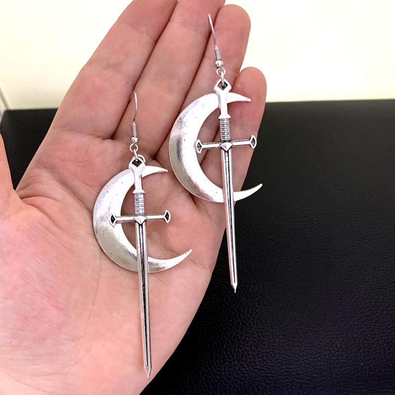 Swords Moon Earrings Witchy Warrior Pagan Viking Gothic Silver Color Gift for Women