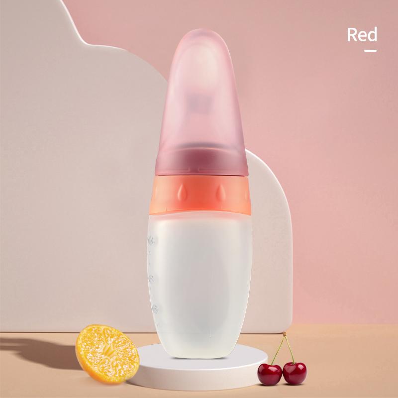 

100ml Liquid Silicone Baby Feeder Rice Paste Fruit Puree Toddler Squeeze Feeding Bottle with Dispensing Spoon красный