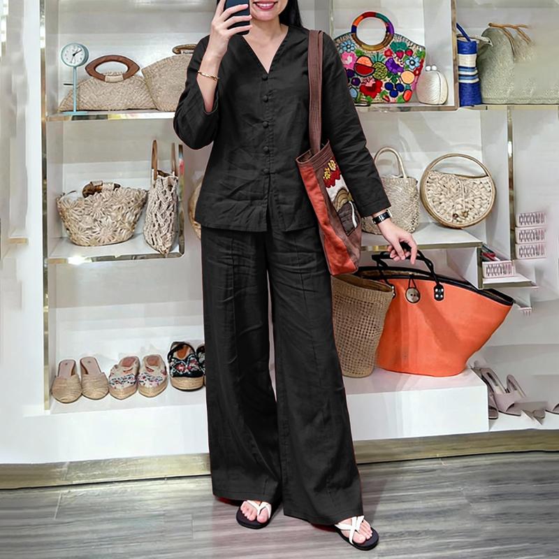 ZANZEA Dámské ležérní dvoudílné sady obleků s dlouhým rukávem a kalhotami