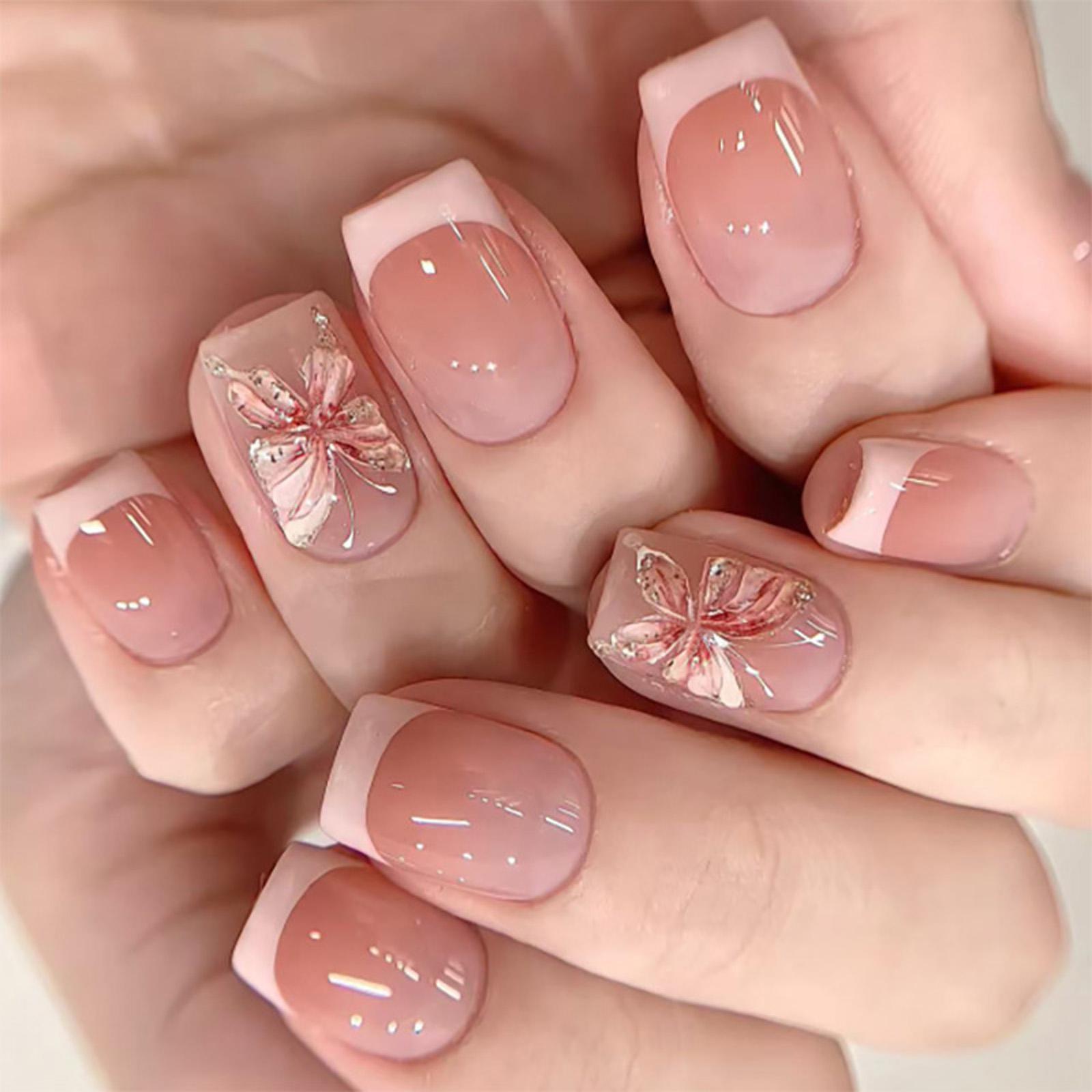 

24 шт. Накладные ногти с французским кончиком, короткие квадратные, искусственные ногти, 3D цветы, акриловые ногти, глянцевые, полное покрытие, клейкие ногти