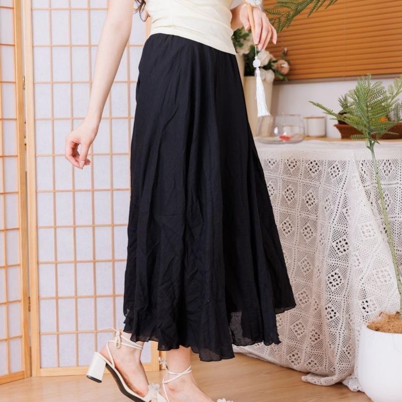 Women's Skirt Linen Cotton Blend Elastic Waist Long Pleated Maxi, Vintage Summer Casual Skirt