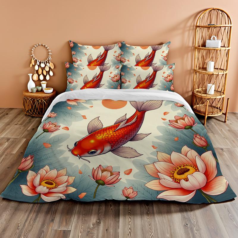 3D Digital Printing Bedding Two Or Three-Piece Set Koi Rich Flower Polyester Quilt Cover