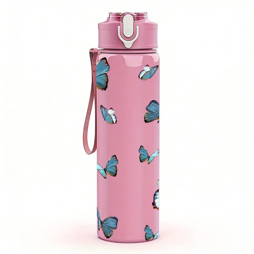1PC Multiple Blue Flying Butterfly Pattern 750ml Color Plastic Sports Water Bottle Leakproof Flip Straw Lid Suitable for Sports Office Home Use