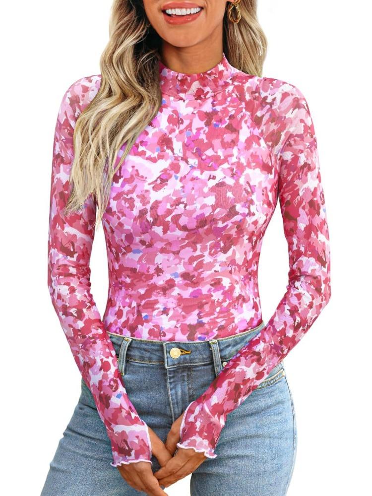 Women's Floral Print Mesh Long Sleeve Top