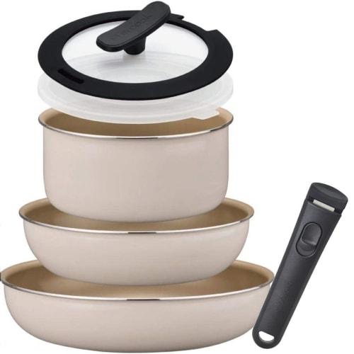 Evercook 6-Piece Frying Pan Set, Detachable, Induction Compatible, Ivory, by Doshisha