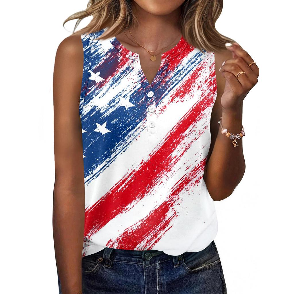 Women Sleeveless V Neck Button Front Casual Top with Star Print Pattern Relaxed Fit for Everyday Wear