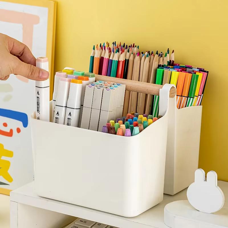 Desktop Stationery Storage Holder School Office Portable Pen Holder Hand Held Storage Box Large Capacity Sundries Storage Basket