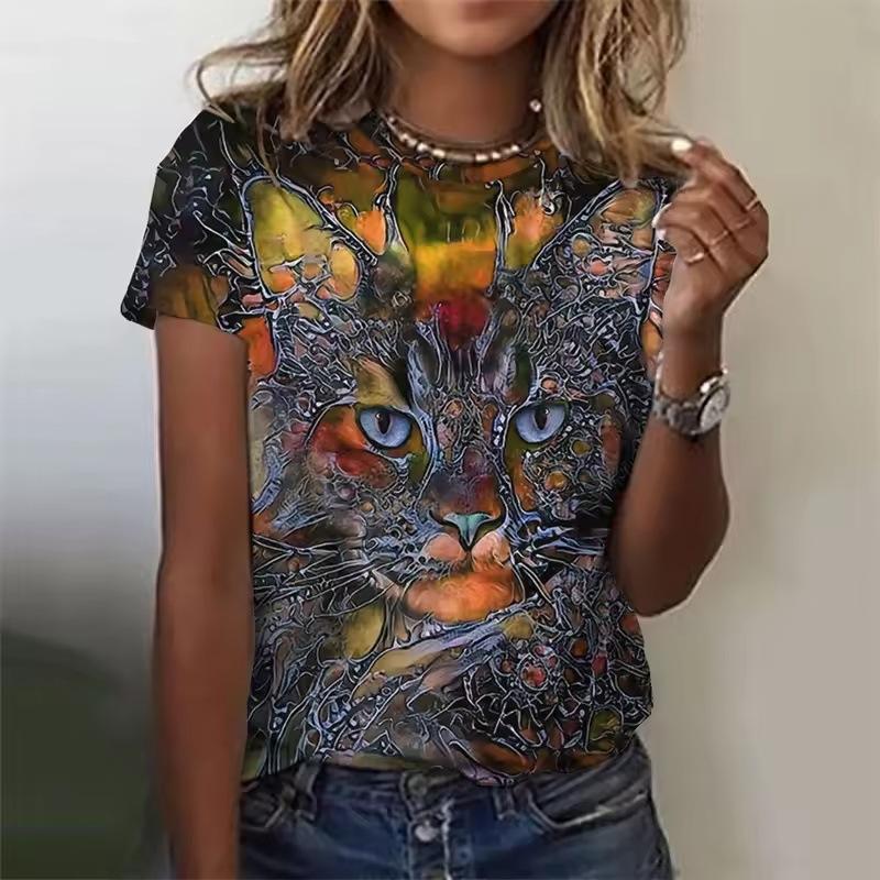 Summer Round Neck 3D Cat Pattern Print Top Fashionable Casual Short Sleeved Women's T-shirts