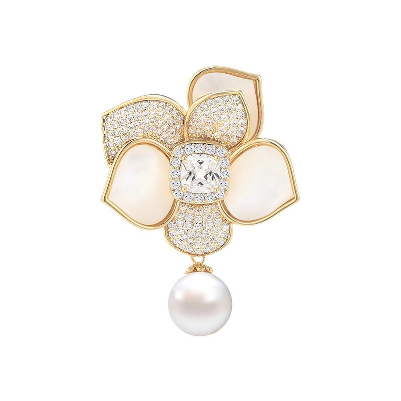 New Korean Version Of Heavy Industry Natural Fritillary Camellia Brooch High-End Luxury Copper Micro-Inlaid Flower Pearl Corsage Accessories