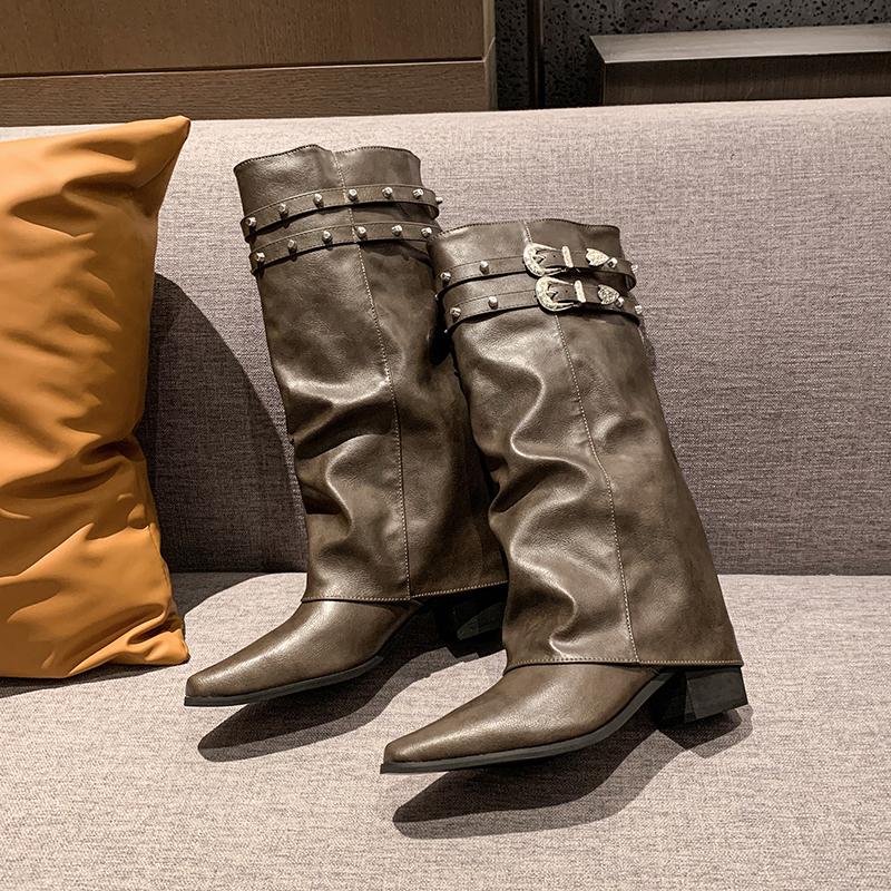 Fashion Luxury Designer Winter Women Western Cowboy Boots Fashion Ladies Elegant Knight Long Boots Square Heel Women's Shoes