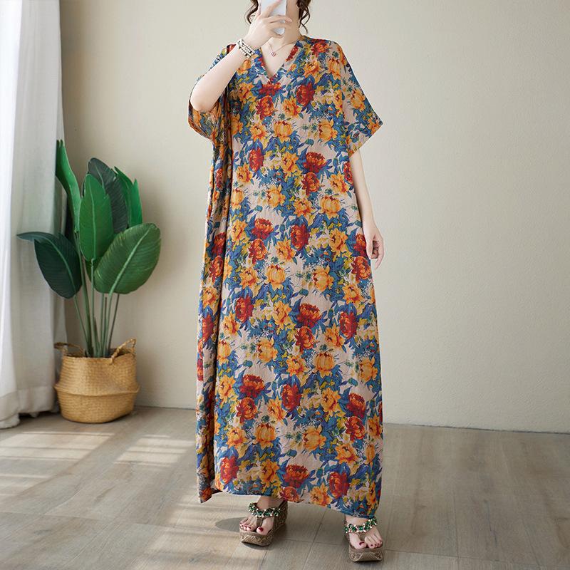 2024 Summer V-Neck Cotton & Linen Loose Retro Beach Dress for Women - Plus Size, Slimming, Long Robe Style