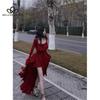 Summer New French Style Sexy High Split Square Collar Tight Waist Ruffled Supplement Rule Long Red Long Long Sleeve Dress