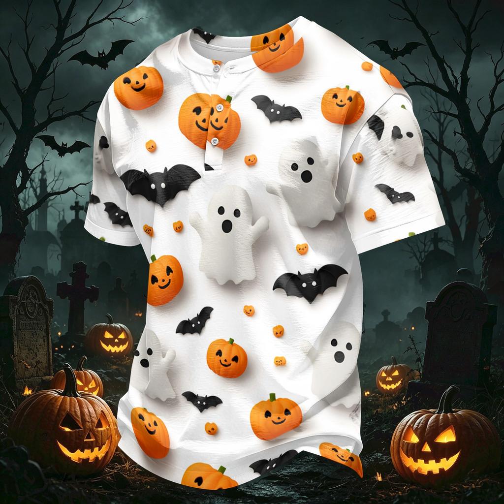 Men's Casual Button Collar Lightweight Breathable Short Sleeve Shirt Halloween Themed Printed Design Comfortable Fit