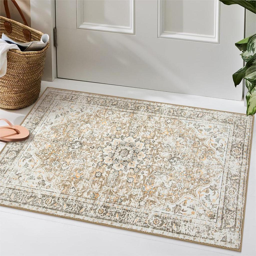 Vintage Indoor Rug for Entryway,Low Pile Washable Area Rug with Non Slip Backing, Small Entry Door Mat for Insides House,