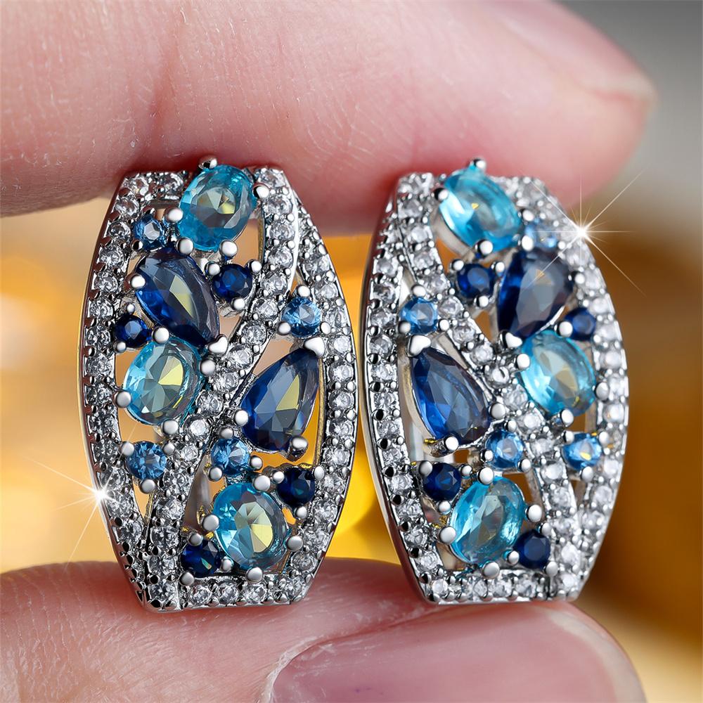 

Серьги-кольца с кристаллами в виде капель воды, камни аквамаринового цвета, для женщин, винтажные, серебристого цвета, геометрические, свадебные украшения, подарок для невесты серебряный