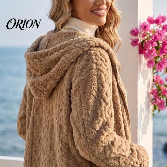 Warm Women Coat Hooded Fleece Jacket, Long Sleeve Zip-Up Casual Comfortable Fall Apparel Coat, Solid Color Thermal Outerwear for Winter Jacket