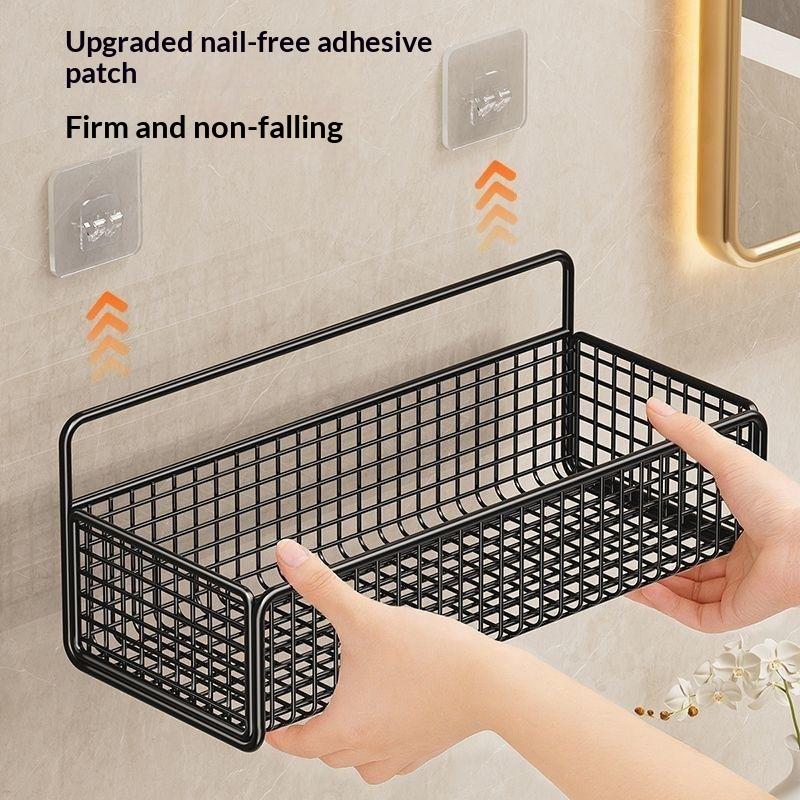 1PCS Wall-Mounted Black Iron Wall Storage Basket Organizer No Drill Sticky Hooks High Load For Bath Kitchen Storage Rack