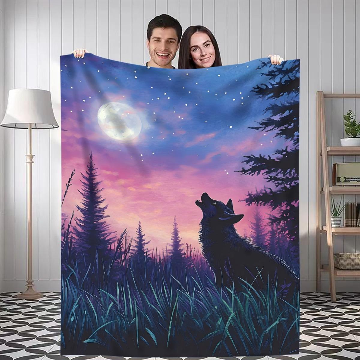 

1pc Wolf howling at the moonlit night Digital Printed Design Pattern Blanket, All-Season Soft and Warm Throw, Ideal for Home Bed 75x90cm28x35in