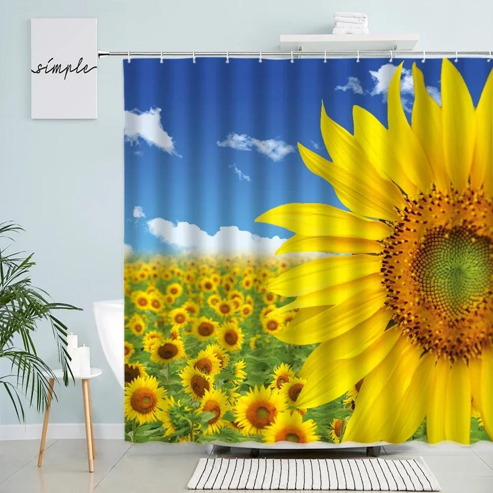Natural Sunflower Shower Curtains Rural Scenery Floral Yellow Flower Green Leaves Plants Polyester Fabric Bathroom Curtain Decor