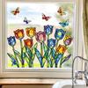 Adesivi per Finestre Tulipani Primavera Estate, Adesivo per Finestre Floreale con Farfalle Stile Vetro Colorato, Decalcomanie Biadesive per Casa Ufficio Scuola