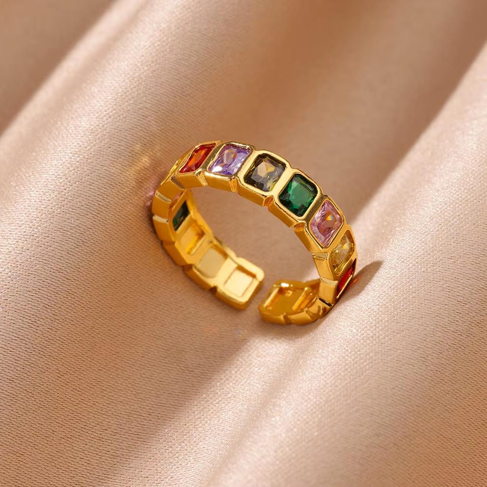 Luxry Colorful Zircon Opening Rings For Women Stainless Steel Gold Color Irregular Geometric Shiny Crystal Ring Fashion Zircon