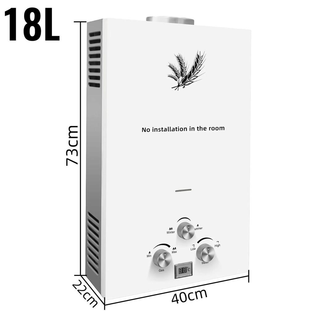6L-18L Gas Water Heater LPG Instant Tankless White Stainless Steel LED for Outdoor Bath Kitchen Bathroom