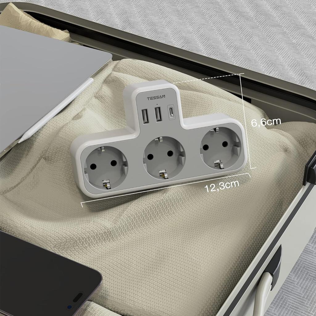 Tessan שקע קיר מרובים שחור עם 3 שקעי AC ו-2 יציאות USB 1 Type C, מתאם USB 6 ב-1 עם הגנה מפני עומס יתר לסמארטפון, טאבלט