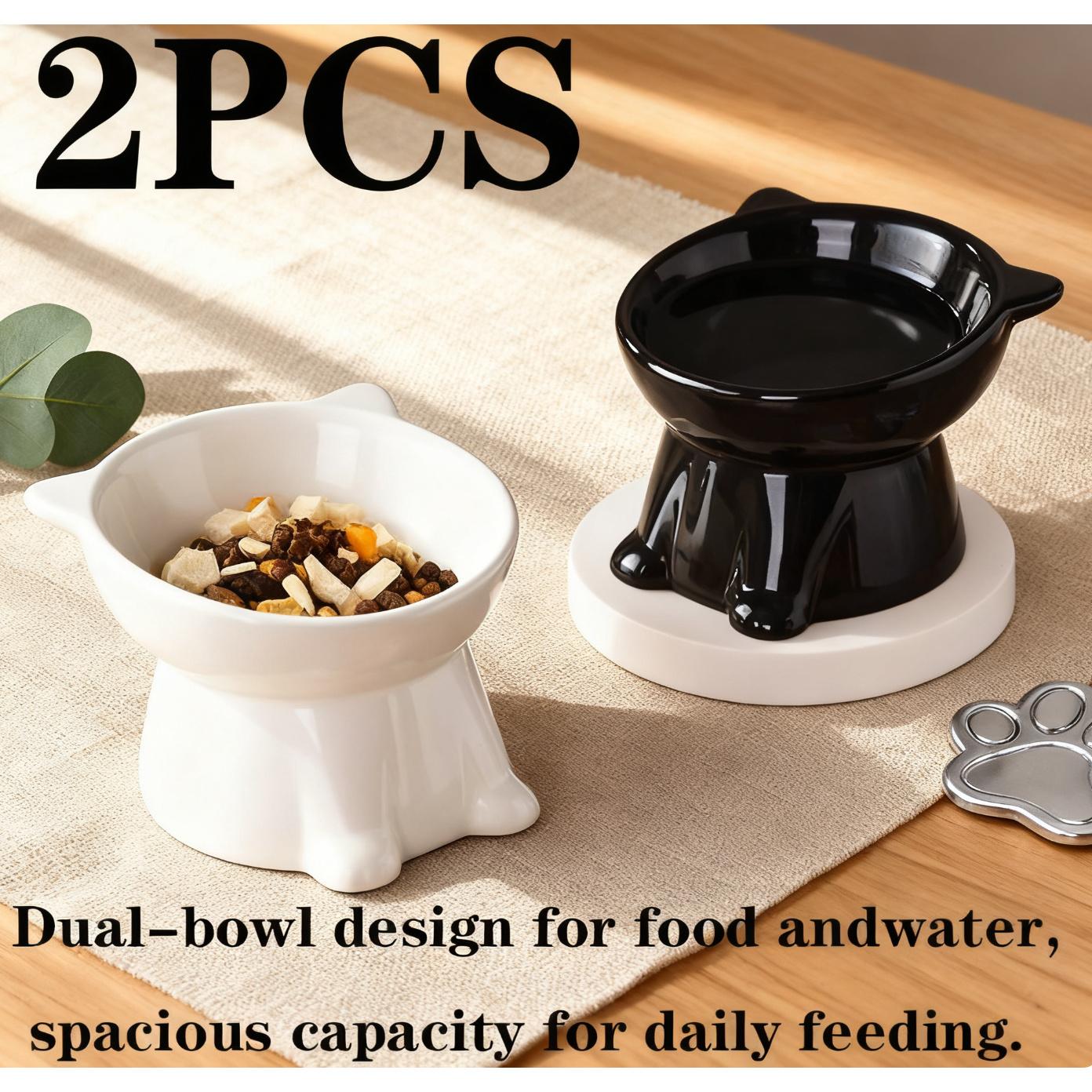 

2 pcs Elevated Cat Bowl Anti-Tip Plastic Raised Pet Feeding Dish with Tilted Edge Neck Protection Kitty Food Bowl Pet Supplies 2pcs/set