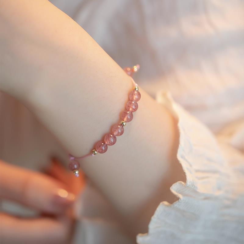 Strawberry crystal natural stone lucky gold bead niche design gift14k Gold-plated light luxury layered bracelet with a high-end feel for women