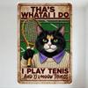 Vintage Style Tennis Cat Tin Sign, Black Cat with Beige Sweater Holding Racket Metal Poster for Bar Home Cafe Wall Decor, 8x12 I