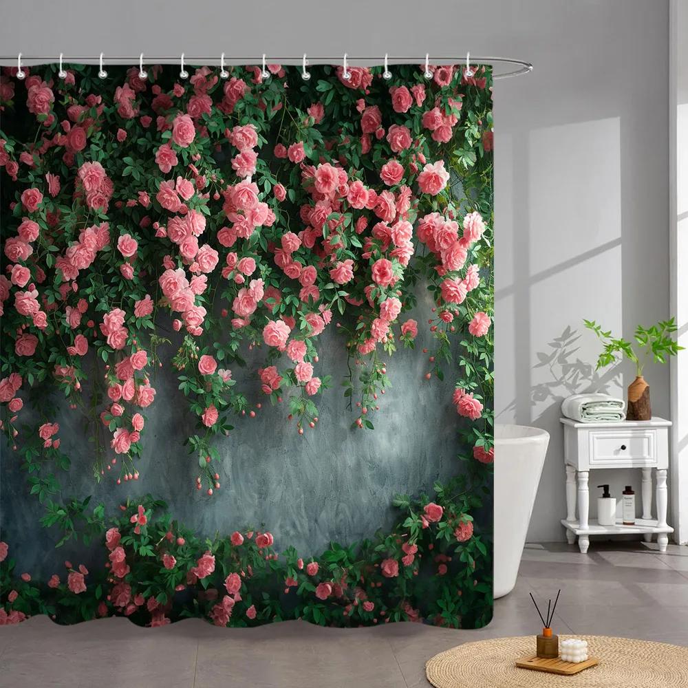Outdoor Garden Poster Shower Curtain Vintage Window Wall Growing Floral Plants Polyester Fabric Shower Curta Bathroom Decor