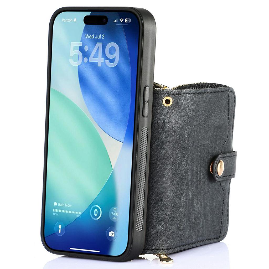 For iPhone 17 Pro Max PU Leather Phone Back Cover with Zipper Card Holder and Long Strap