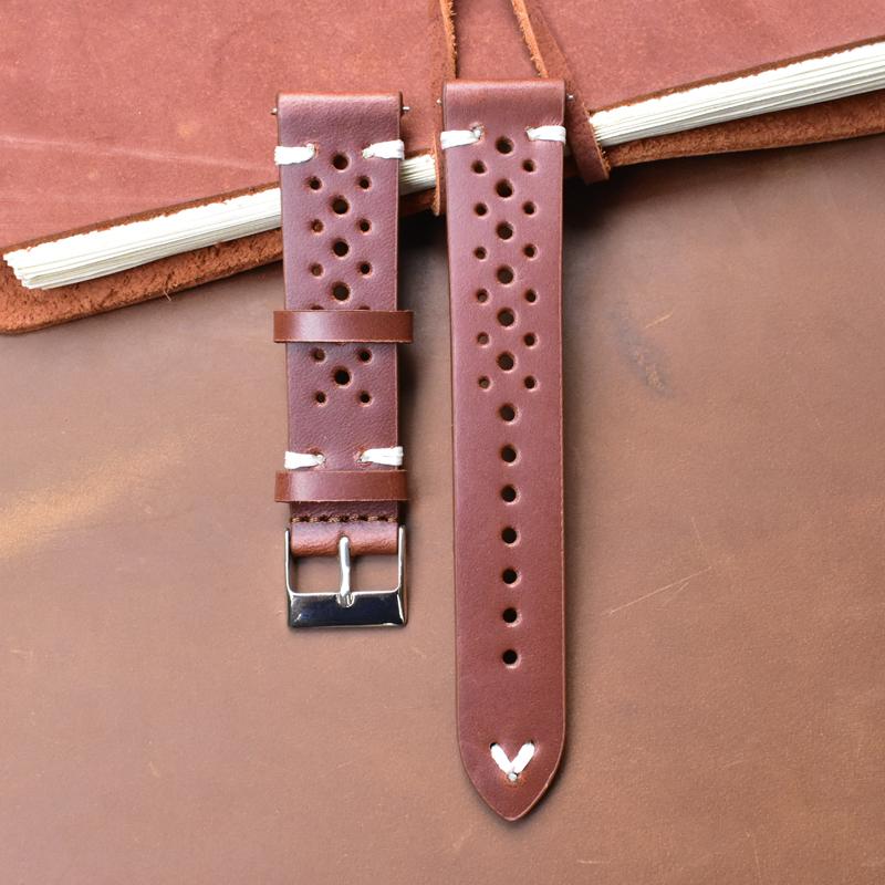 Porous Leather Watch Band 19mm 20mm 22mm 24mm Breathable Watch Strap Handmade Stitching Quick Release Watchbands Black Brown Red