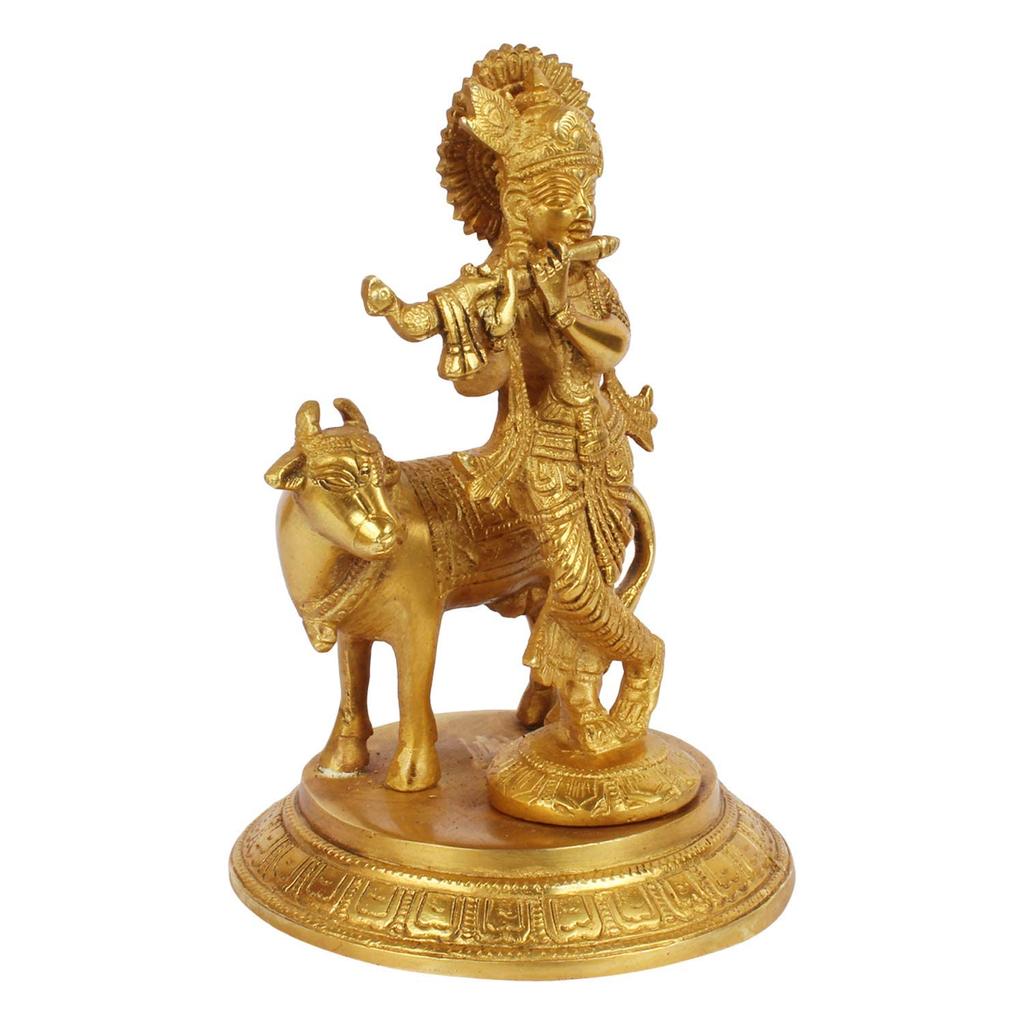 Pure Brass Bhagwan Lord Krishna Idol With Gau Mata For Home Decor - 7.5 Inch